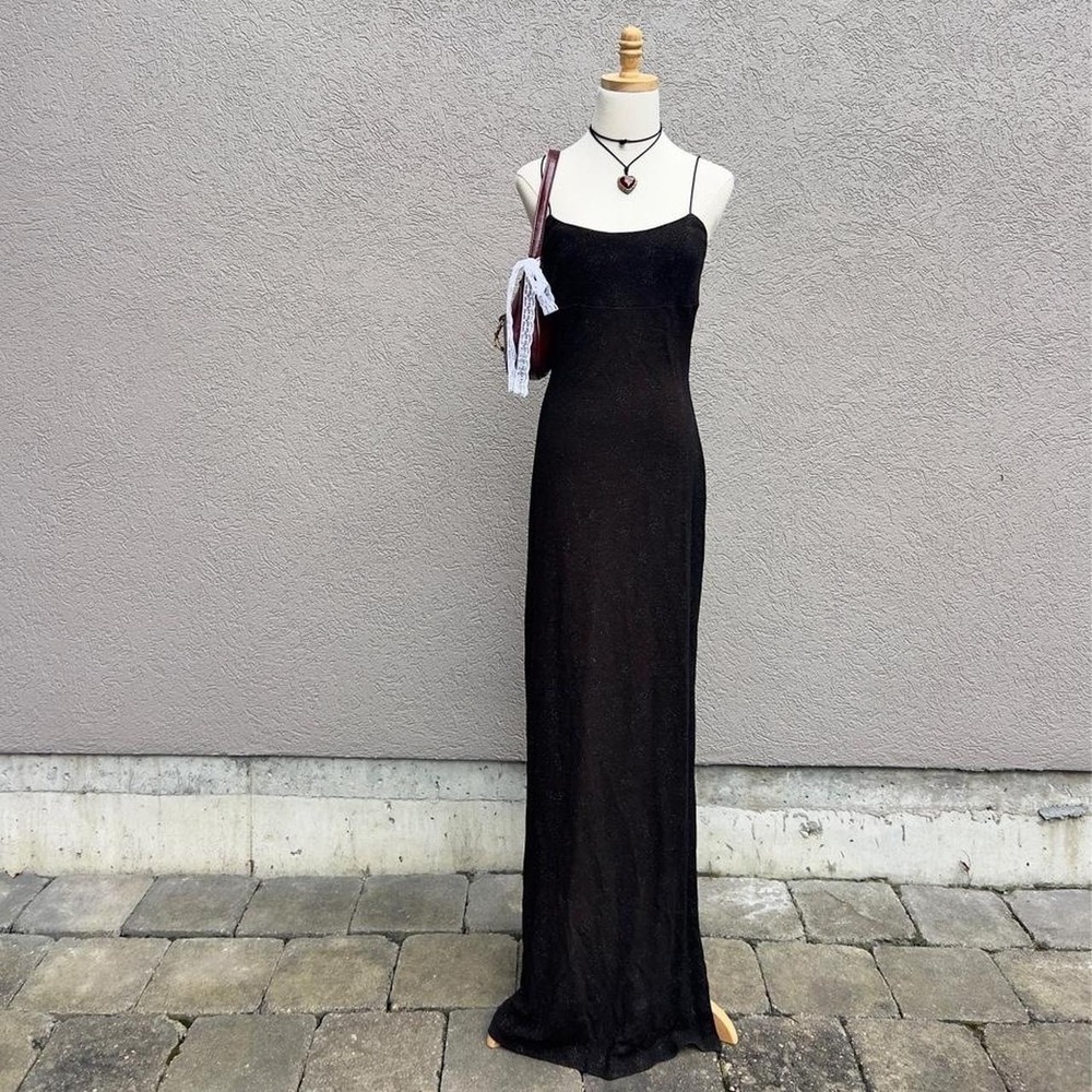 Vintage Jodi Kristopher Black Sparkly Maxi Dress w/ Open Back Evening Prom